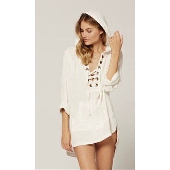 L Space Love Letters Swim Cover-Up Tunic Small hooded lace up - Picture 1 of 5